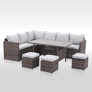 Wisteria Lane Patio Furniture Set,7 Piece Outdoor Dining Sectional Sofa Couch with Dining Table and Chair, All Weather Deck Wicker Conversation Set with Cushion, Grey