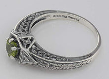 Load image into Gallery viewer, Victorian Style Genuine Peridot Filigree Ring w/ 2 Diamonds - Sterling Silver
