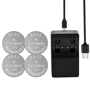 Rechargeable 2032 Battery, FITINOCH LIR2032 Button Battery Can Replace ML2032 CR2032 3v Lithium Batteries with Coin Battery Charger, 4 Count Car Remote Battery 3.7V 50mAh