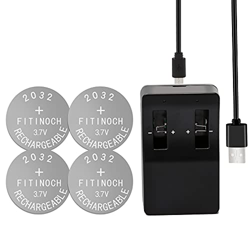 Rechargeable 2032 Battery, FITINOCH LIR2032 Button Battery Can Replace ML2032 CR2032 3v Lithium Batteries with Coin Battery Charger, 4 Count Car Remote Battery 3.7V 50mAh