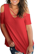 Load image into Gallery viewer, Cold Shoulder Tops for Women Plain Short Sleeve T Shirts V Neck Blouse Red XL
