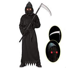 Load image into Gallery viewer, Grim Reaper Halloween Costume with Glowing Red Eyes for Kids, Scythe Included, Large Size(Age 12-14)
