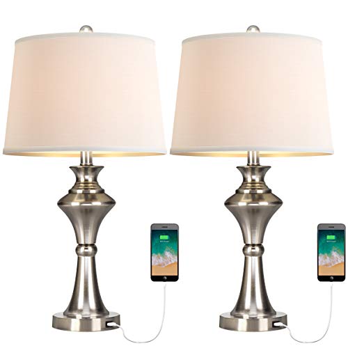 Oneach Modern USB Table Lamps Set of 2 for Living Room Bedroom Brushed Nickel Bedside Nightstand Lamps with Fabric Lampshade