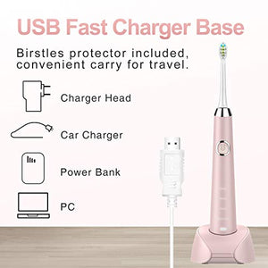 Hanasco Sonic Electric Toothbrush Rechargeable for Adults, 4 Modes with Build in 2 Mins Timer, 3 Brush Heads Included, Whitening Clean 4 Hours Charge for 30 Days Use, Soft Bristles, 38,000 VPM Pink