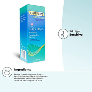 Acne Face Wash with Benzoyl Peroxide by the makers of Differin Gel, Daily Deep Cleanser, Gentle Skin Care for Acne Prone Sensitive Skin, 4 oz