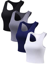 Load image into Gallery viewer, 4 Pieces Basic Crop Tank Tops Sleeveless Racerback Crop Sport Cotton Top for Women (Black, White, Dark Grey, Navy Blue, Medium)
