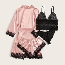 Load image into Gallery viewer, Qlarnaweer Women's Sleepwear 4pcs Floral Lace Lingerie Pajama Set with Robe Pink L
