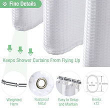 Load image into Gallery viewer, Dynamene White Fabric Shower Curtain， Waffle Weave Heavy Duty Hotel Luxury Cloth Shower Curtains for Bathroom, 72 Inch 256GSM Weighted Bath Curtain Set with 12 Plastic Hooks,72x72
