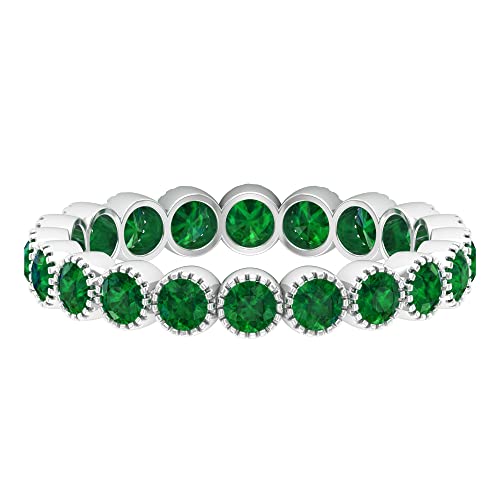 1 CT Emerald Full Eternity Ring in Gold, Emerald Eternity Ring in Milgrain Bezel, May Birthstone Eternity Band for Women, 14K White Gold, Size:US 8.50
