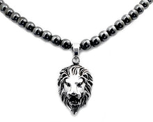 Load image into Gallery viewer, Accents Kingdom Men&#39;s Magnetic Hematite Round Bead Necklace with Stainless Steel Lion Head Pendant 22&quot;
