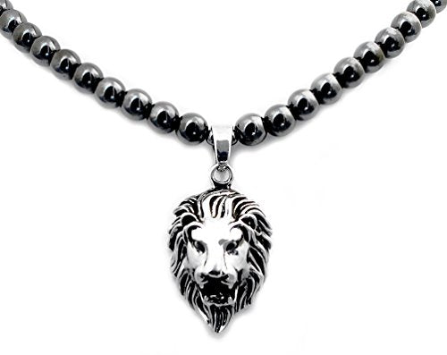 Accents Kingdom Men's Magnetic Hematite Round Bead Necklace with Stainless Steel Lion Head Pendant 22