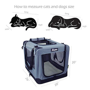 JESPET Soft Dog Crates Kennel for Pets, 3 Door Soft Sided Folding Travel Pet Carrier with Straps and Fleece Mat for Dogs, Cats, Rabbits, Grey Blue & Beige (26" L x 20" W x 20" H, Grey)