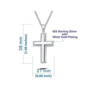 Carleen White Gold Plated Solid Sterling Silver Diamond-Cut High Polished Mens Cross Crucifix Pendant Necklace Rolo Chain Fine Jewelry For Men Boys, Length 20"