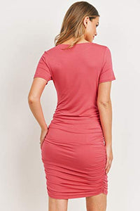 LaClef Maternity Short Sleeve Bodycon Dress with Tie Front, Side Ruched (Dark Rose, X-Large)