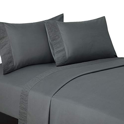 Bedsure Queen Size Sheets- Ruffled Embossed Bed Sheet Set - Soft Brushed Microfiber, Wrinkle Resistant Sheet - 14 inches Deep Pocket - 4-Pieces (Dark Grey)