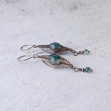 Load image into Gallery viewer, Green Moss Agate Copper Wire Wrapped Boho Dangle Earrings with Sterling Earwires - Unique Handmade Jewelry for Women
