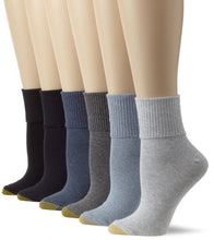 Load image into Gallery viewer, Gold Toe Women's Classic Turn Cuff Socks, 6 Pairs, Grey Blue Mix, Shoe Size: 6-9

