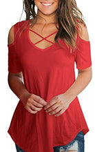 Load image into Gallery viewer, Cold Shoulder Tops for Women Plain Short Sleeve T Shirts V Neck Blouse Red XL
