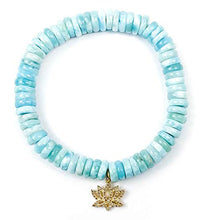 Load image into Gallery viewer, Diamond 14k Gold Lotus Flower Charm on Larimar Bracelet - 7 inches Long Elastic Thread Stretchy Handmade Bracelet by Miller Mae Designs
