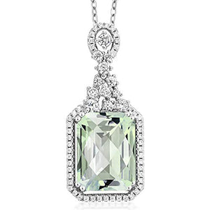 Gem Stone King 925 Sterling Silver Green Prasiolite Pendant Necklace For Women (7.20 Ct Emerald Checkerboard 14X10MM with 18 Inch Silver Chain)