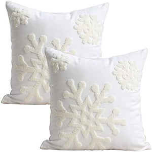 Elife 18x18 Soft Canvas Christmas Winter Snowflake Style Cotton Linen Embroidery Throw Pillows Covers w/ Invisible Zipper for Bed Sofa Cushion Pillowcases for Kids Bedding (1 Pair, White)
