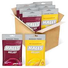 Load image into Gallery viewer, HALLS Relief Variety Pack Honey Lemon and Black Cherry Sugar Free Cough Drops, 6 Packs of 25 Drops (150 Total Drops)
