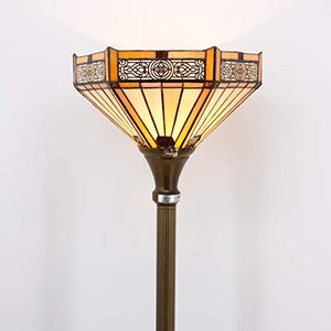 Tiffany Style Torchiere Light Floor Standing Lamp Wide 12 Tall 66 Inch Yellow Hexagon Stained Glass and Mission Style Lampshade for Living Room Bedroom Antique Table S011 WERFACTORY