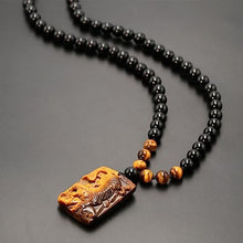 Load image into Gallery viewer, Natural Crystal Tigers Eye Necklace - Black Obsidian Beaded Protection Necklace, Hand Carved Tiger Necklace Lucky Amulet Gift for Men
