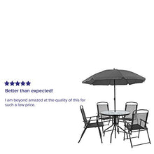 Load image into Gallery viewer, Flash Furniture Nantucket 6 Piece Black Patio Garden Set with Table, Umbrella and 4 Folding Chairs
