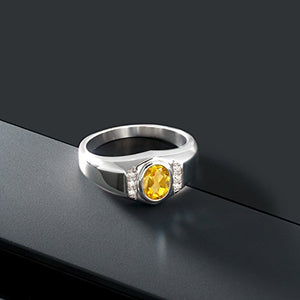 Gem Stone King Men's 925 Sterling Silver Oval Yellow Citrine and White Created Sapphire Ring (1.16 Cttw) (Size 10)