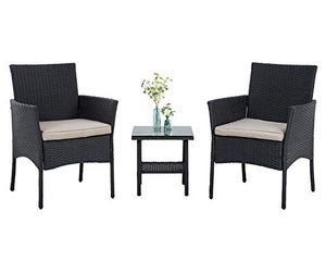 PayLessHere 3 Piece Furniture Patio Chairs Wicker Outdoor Rattan Conversation Bistro Set for Backyard Porch Poolside Lawn,Black