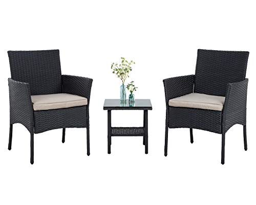 PayLessHere 3 Piece Furniture Patio Chairs Wicker Outdoor Rattan Conversation Bistro Set for Backyard Porch Poolside Lawn,Black