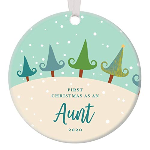 1st Year Aunt Christmas Anniversary Ornament 2020 Decorated Pine Tree Xmas Chic Presents Cute Winter Snow Home Decor Amazing Handcrafted Niece Nephew Gift Dated Happy Holiday Porcelain Round Circle 3