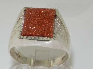 Gents Solid 925 Sterling Silver Goldstone Mens Mans Signet Ring - Size 6 - Sizes 6 to 13 Available