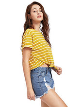 Load image into Gallery viewer, ROMWE Women's Knot Front Long Sleeve Striped Crop Top Tee T-shirt, Yellow &amp; White, Small / US 0-2
