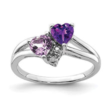 Load image into Gallery viewer, White Sterling Silver Ring Band Gemstone Amethyst Heart Purple Rose de France, Diamond Round
