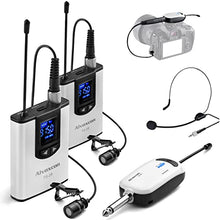 Load image into Gallery viewer, Wireless Headset Lavalier Microphone System -Alvoxcon Dual Wireless Lapel Mic for iPhone, DSLR Camera, PA Speaker, YouTube, Podcast, Video Recording, Conference, Vlogging, Church, Interview, Teaching
