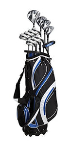 18 Piece Men's Complete Golf Club Package Set With Titanium Driver, #3 & #5 Fairway Woods, #4 Hybrid, 5-SW Irons, Putter, Stand Bag, 4 H/C's (Blue, Regular Size)