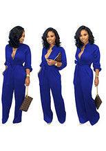 Load image into Gallery viewer, kaimimei Womens Elegant Long Sleeve Jumpsuit Button Collar High Waist Long Wide Leg Pants Romper with Belt Blue
