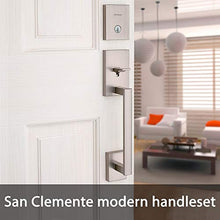 Load image into Gallery viewer, Kwikset 98180-002 San Clemente Single Cylinder Low Profile Handleset Front Door Lock with Halifax Lever featuring SmartKey Security in Satin Nickel
