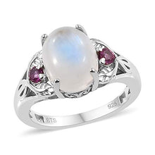 Load image into Gallery viewer, 925 Sterling Silver Platinum Plated Rainbow Moonstone Rhodolite Garnet Statement Ring Size 8
