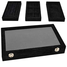 Load image into Gallery viewer, VIEFIN Velvet Stackable Jewelry Tray with Lid, Earring Drawer Insert Display Show Case, Dresser Organizer for Ring Stud, Necklace Holder Storage Box Chest,Black 4 in 1(with lid)
