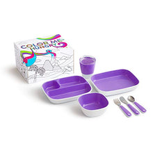 Load image into Gallery viewer, Munchkin Color Me Hungry Splash 7pc Toddler Dining Set – Plate, Bowl, Cup, and Utensils in a Gift Box, Purple
