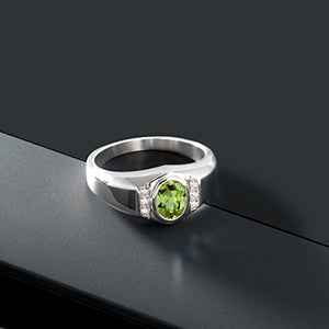 Gem Stone King 1.39 Ct Oval Green Peridot White Created Sapphire 925 Sterling Silver Men's Ring (Size 9)