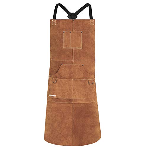 QeeLink Leather Welding Apron - Heat & Flame-Resistant Heavy Duty Work Forge Apron with 6 Pockets, 42