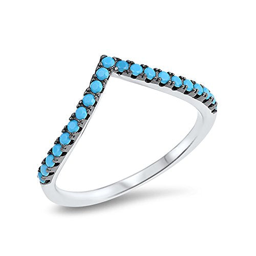 Blue Apple Co. Chevron Midi V Ring Half Eternity Round Simulated Nano Turquoise 925 Sterling Silver