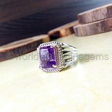 Load image into Gallery viewer, Amethyst Silver Men Ring, Solid 925K Sterling Silver, Faceted Square, Natural, Handmade Jewelry, Rope Design, Four Prong Design, Men&#39;s Amethyst Ring, Gift For Him, Good Friday Gift, Size 4-13
