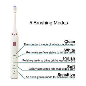 Sonic Bluetooth Rechargeable Electronic Toothbrush – 5 Modes – App Control – Smart Timer – Wireless Charging – Orthodontic Portable Power Toothbrush – 2 Replacement Dupont Brush Heads (White)