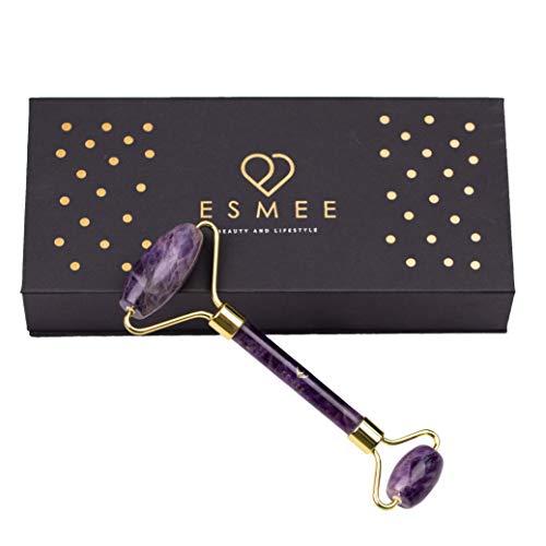 Amethyst Roller by Esmee Luxury Facial Massager Stone Roller Purple Jade Roller Real and Natural Amethyst Crystal Anti-aging Face Slimming and Depuffing Beauty Tool for Face and Eyes