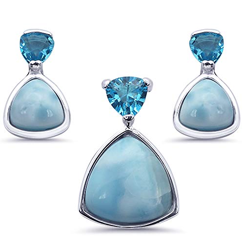 Oxford Diamond Co Sterling Silver Trillion Shape Natural Larimar Earring & Pendant Set